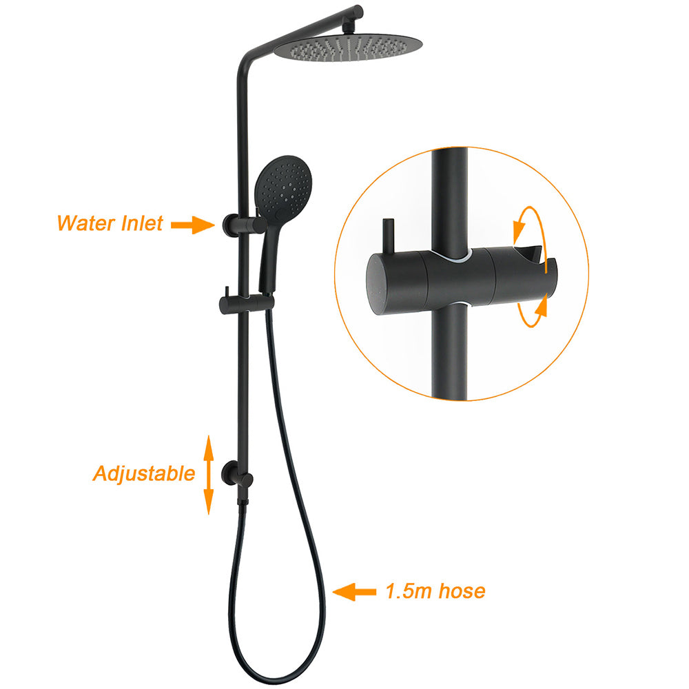 Matt Black Twin 10" Shower Head 3 Modes Handheld 2in1 Wall Rail Arm Round Taps