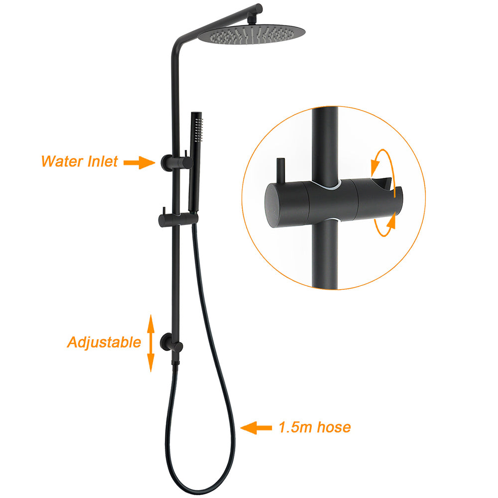 Matt Black Round 10" Rain Shower Head Brass Handheld Slide Rail Riser Arm Twin Taps Set