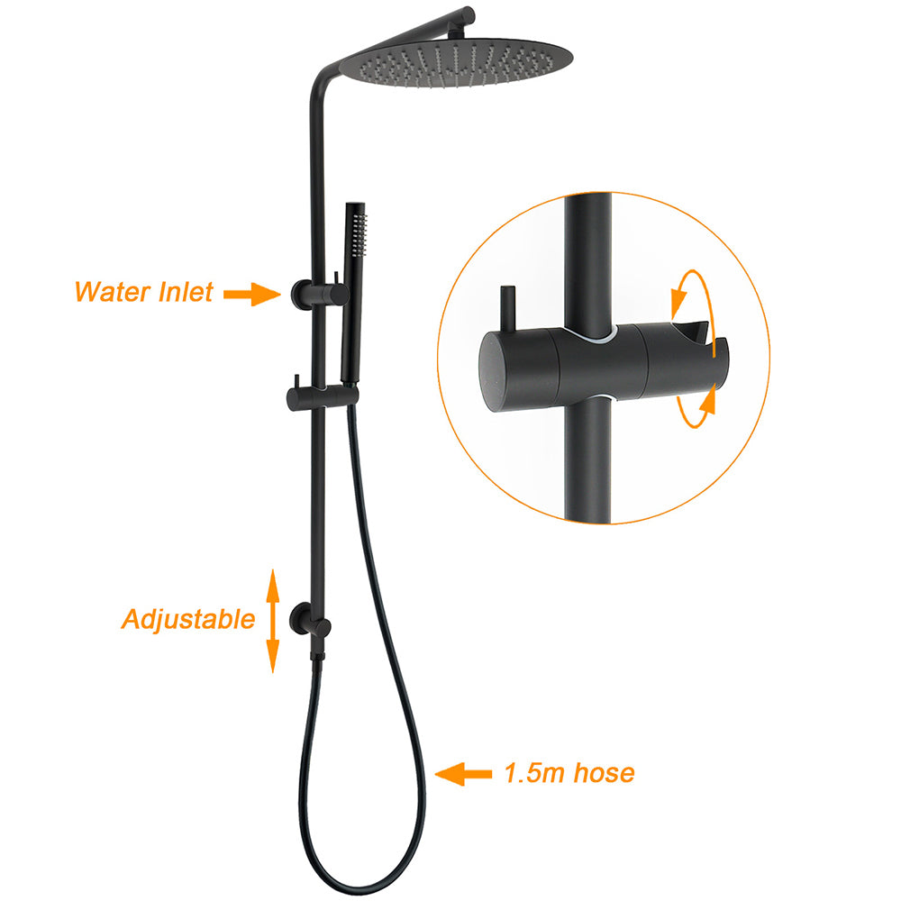 Matt Black Round 12" Rain Shower Head Brass Handheld Riser Rail Set Diverter Mixer Taps