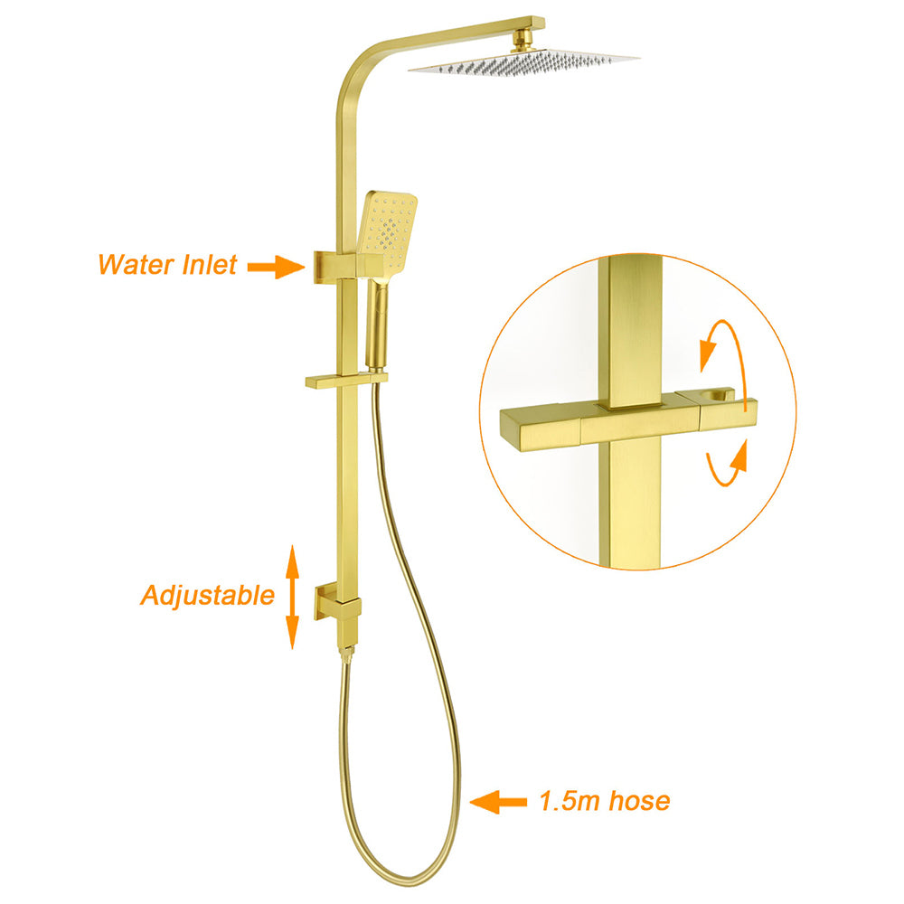 Shower Heads & Screens: Brushed Gold 2in1 Set 8" Square Rain Shower Head 3 Modes Handheld Silde Rail Arm