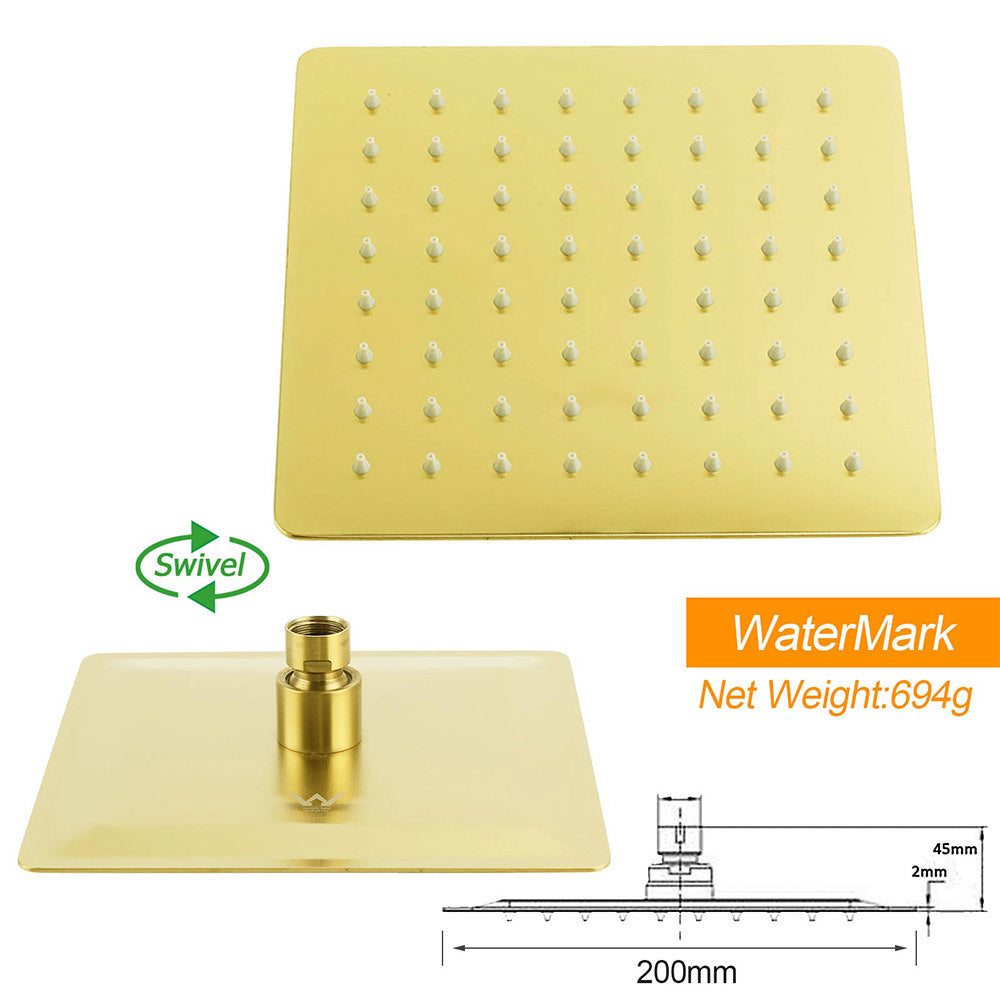 Shower Heads & Screens: Brushed Gold 2in1 Set 8" Square Rain Shower Head 3 Modes Handheld Silde Rail Arm