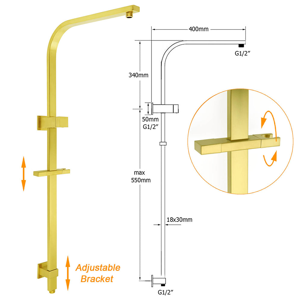 Brushed Gold 2in1 Set 8" Square Rain Shower Head 3 Modes Handheld Silde Rail Arm Twin Taps