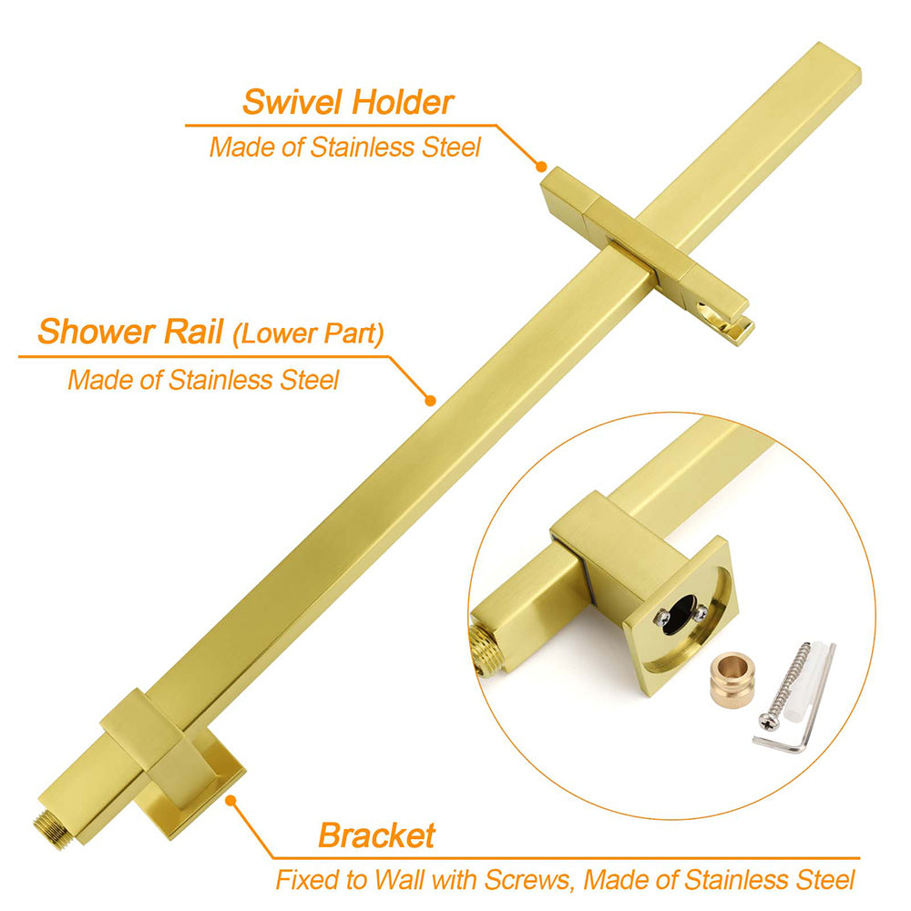 Shower Heads & Screens: Brushed Gold Square Shower 10" Large Rain Head Handheld Silde Rail Arm 2in1 Set