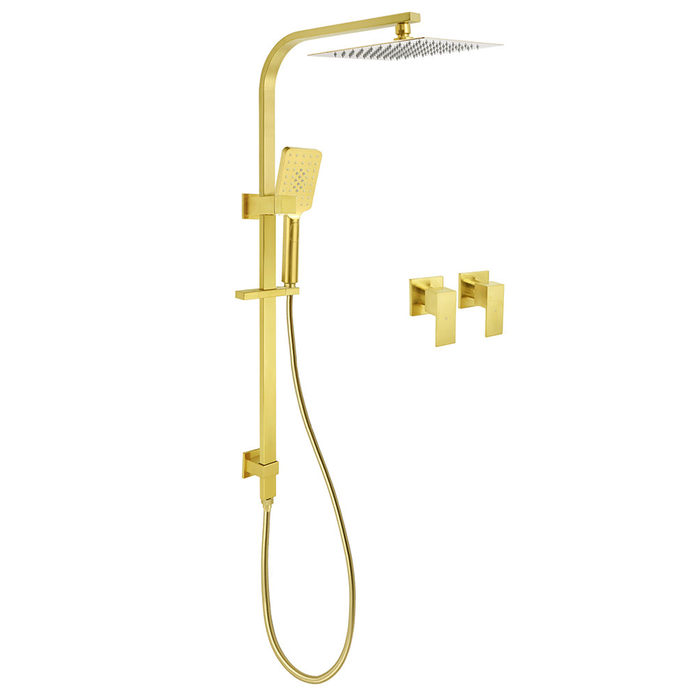 Shower Heads & Screens: WELS Brushed Gold Square Shower 10" Thin Rain Head Handheld Silde Rail Arm 2in1 Taps Set