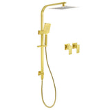 Shower Heads & Screens: WELS Brushed Gold Square Shower 10" Thin Rain Head Handheld Silde Rail Arm 2in1 Taps Set