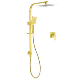 Shower Heads & Screens: WELS Brushed Gold Square Shower 10" Large Rain Head Handheld Silde Rail Arm 2in1 Set + Mixer