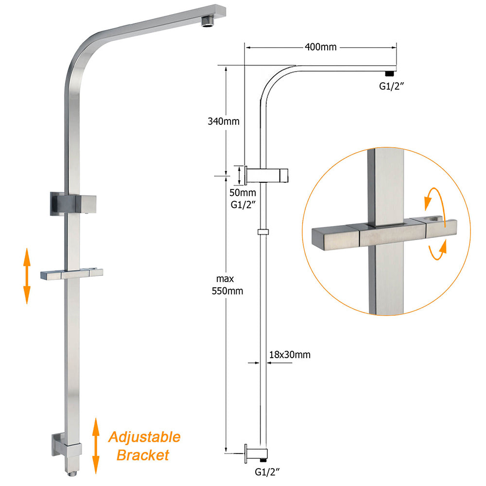 Brushed Nickel Square Twin Shower Set 8" Rain Head 3 Modes Handheld Silding Rail Mixer