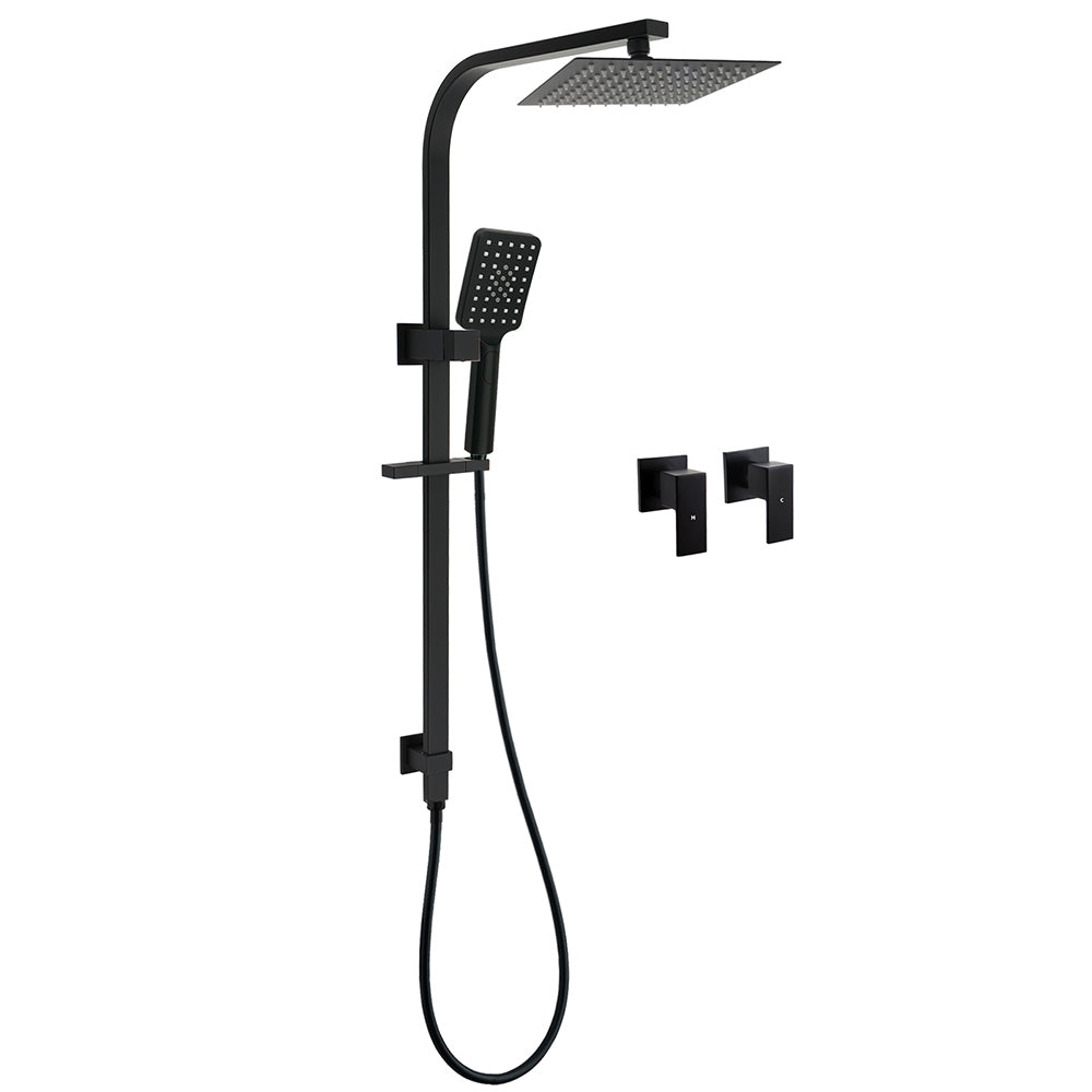 Shower Heads & Screens: Matt Black Square Twin Shower Set 8" Rain Head 3 Modes Handheld Silde Rail Arm + Taps