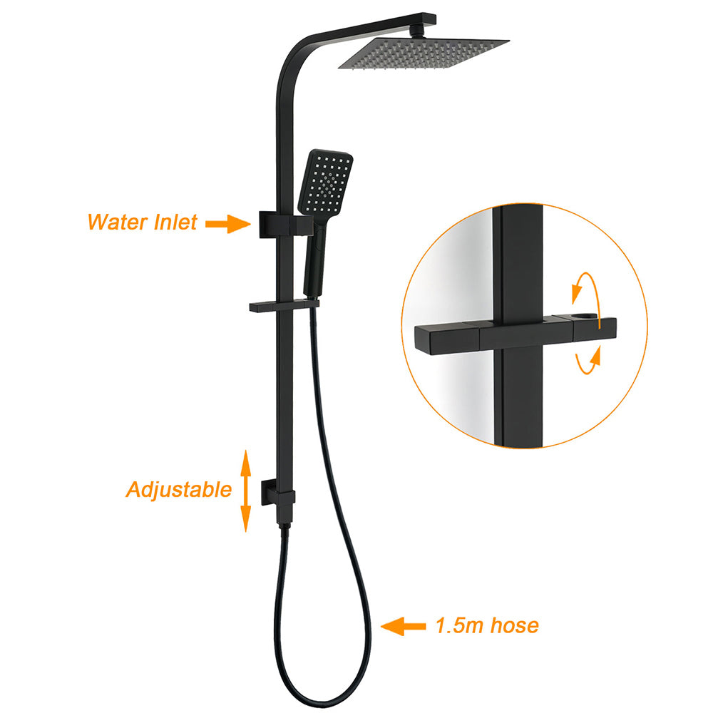 Shower Heads & Screens: Matt Black Square Twin Shower Set 8" Rain Head 3 Modes Handheld Silde Rail Arm + Taps