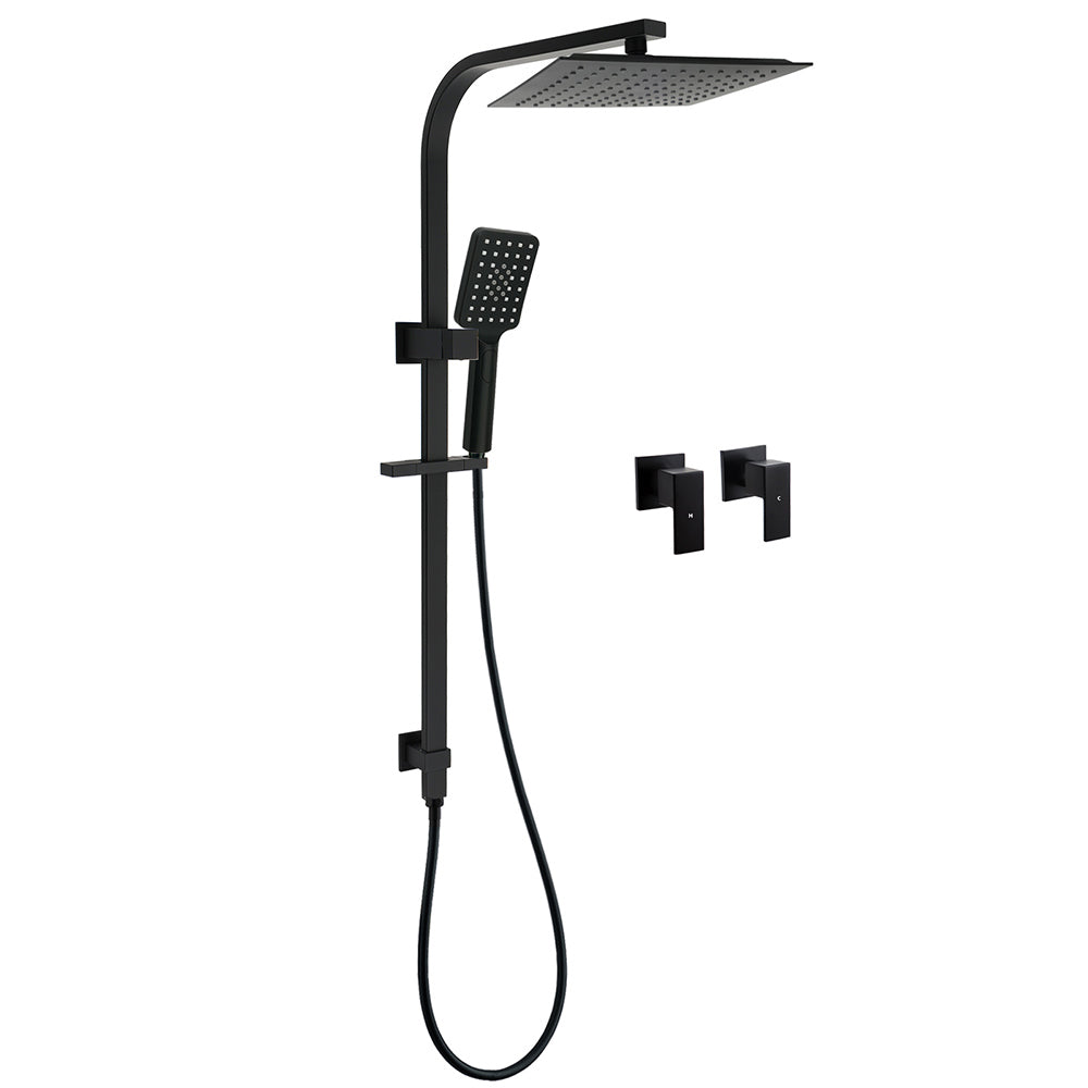 Shower Heads & Screens: Matt Black Square Twin Shower 10" Rain Head 3 Modes Handheld Silde Rail Arm Taps Set