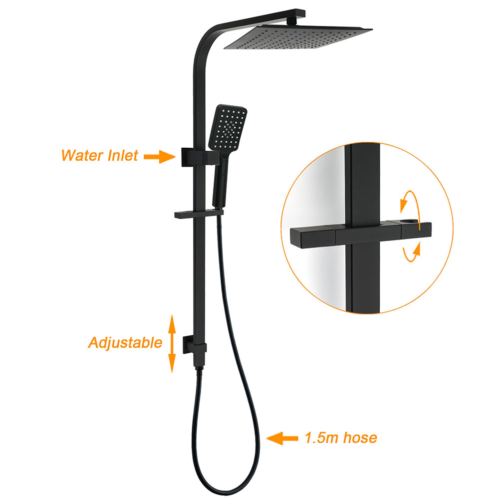 Shower Heads & Screens: Matt Black Square Twin Shower 10" Rain Head 3 Modes Handheld Silde Rail Arm Taps Set