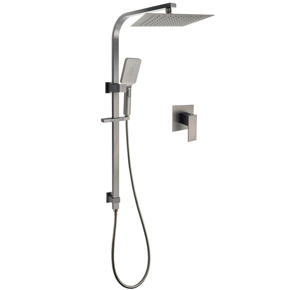 WELS Gun Metal Double Square Shower Head Set 10" Rain Handheld Sliding Rail Diverter Wall Mixer