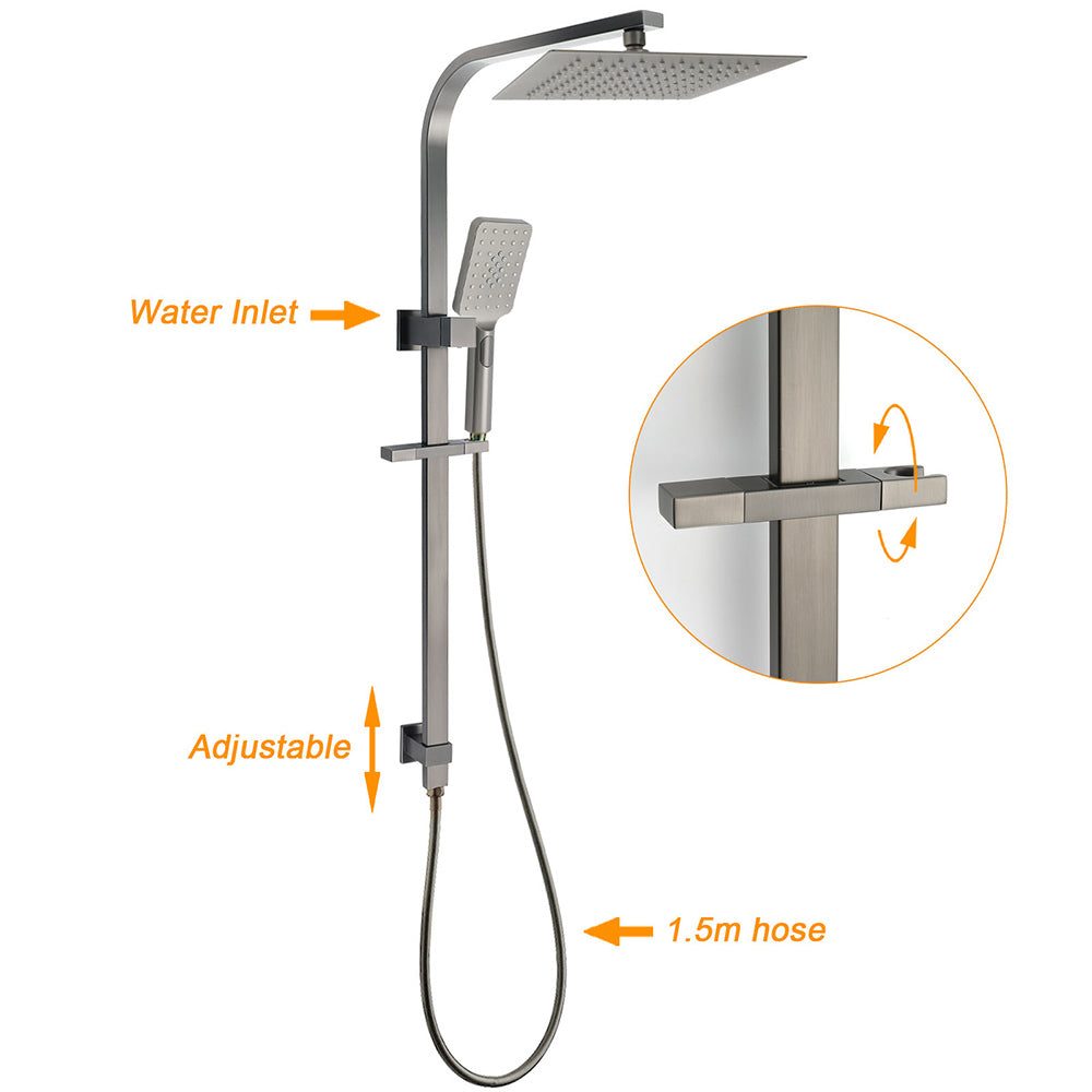 WELS Gun Metal Double Square Shower Head Set 10" Rain Handheld Sliding Rail Diverter Wall Mixer