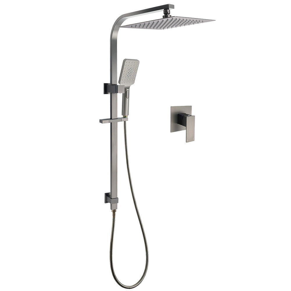 Shower Heads & Screens: WELS Gun Metal Twin Shower Head Square Set 12" Rain Handheld Sliding Rail Diverter Wall Mixer
