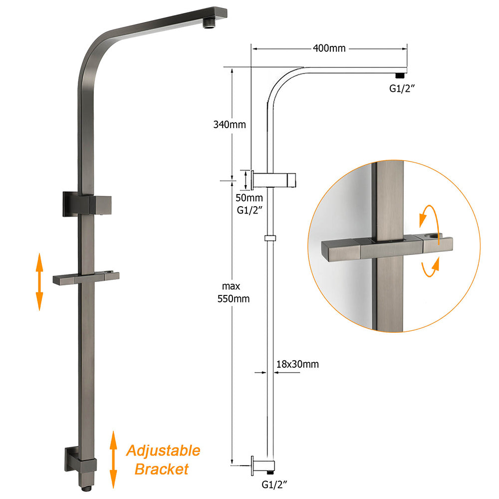 Shower Heads & Screens: WELS Gun Metal Twin Shower Head Square Set 12" Rain Handheld Sliding Rail Diverter Wall Mixer