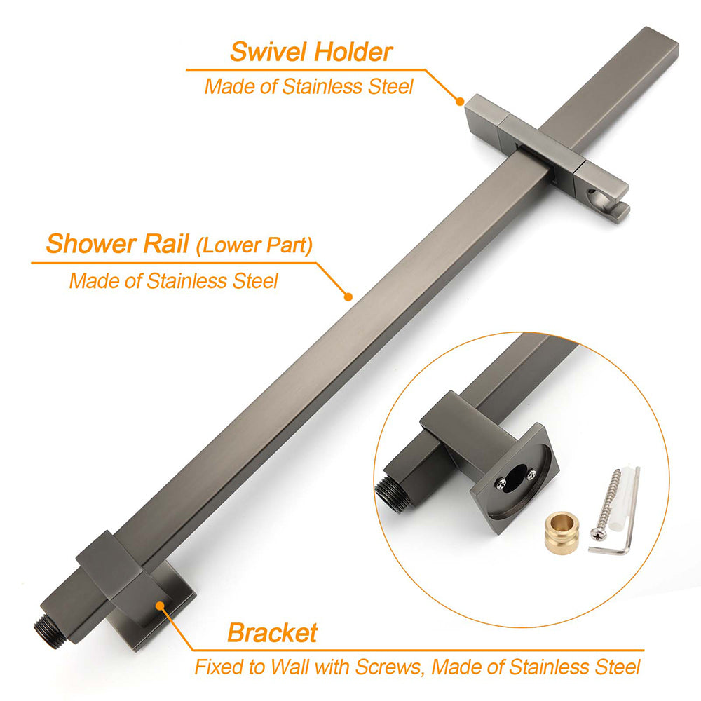 Shower Heads & Screens: WELS Gun Metal Twin Shower Head Square Set 12" Rain Handheld Sliding Rail Diverter Wall Mixer