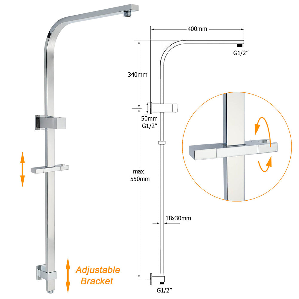 Chrome Twin Square Shower Set 8" Rain Shower Head 3 Function Handheld Rail Arm Mixer