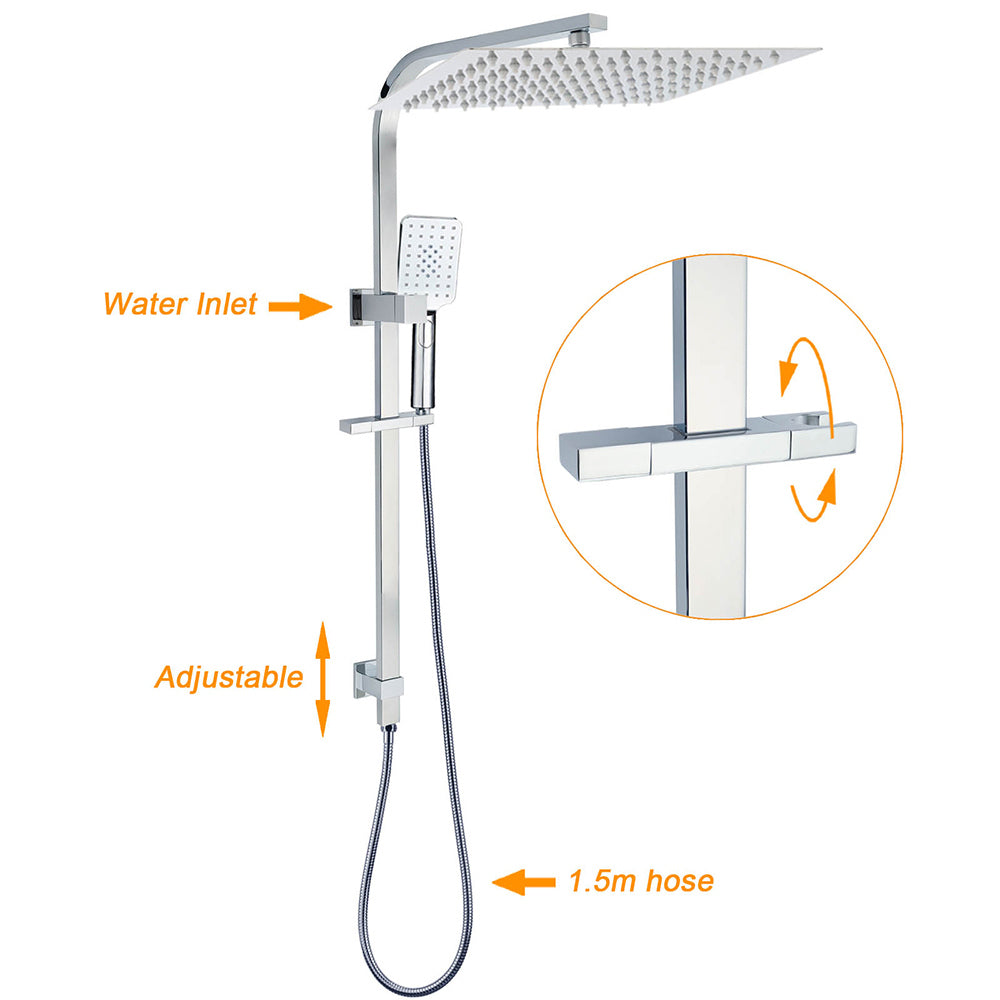 WELS Twin Square Shower Set 16" Rain Shower Head 3 Function Handheld Rail Arm Taps