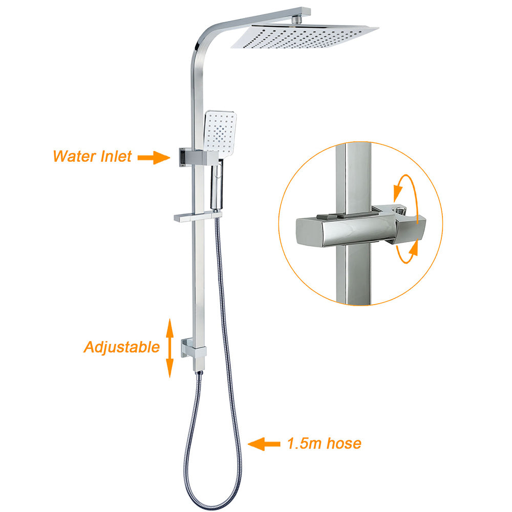 WELS 2 in 1 Square Shower Head Set 10" Rain Handheld Sliding Rail Arm Wall Double Taps