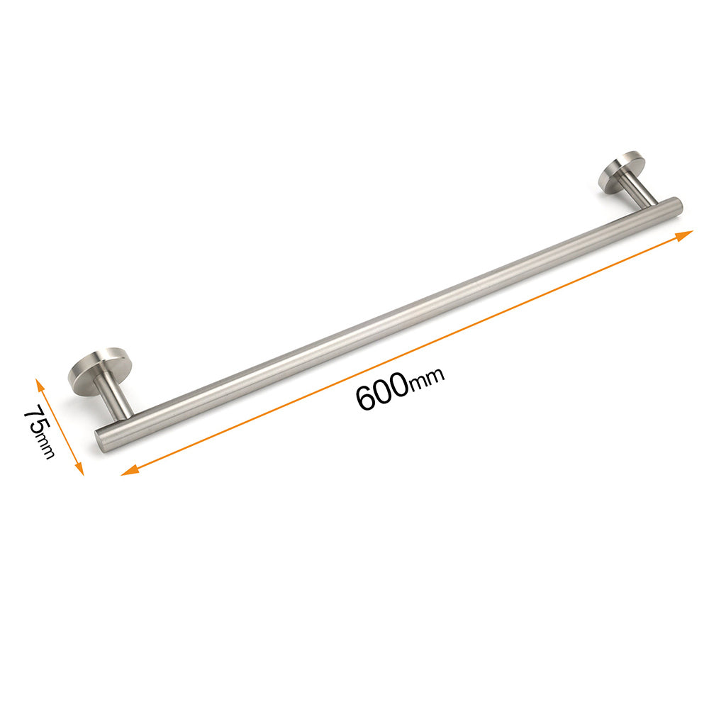 Brushed Nickel 600mm Single Towel Rack Rail Holder Round Hanger Bar Wall Mounted