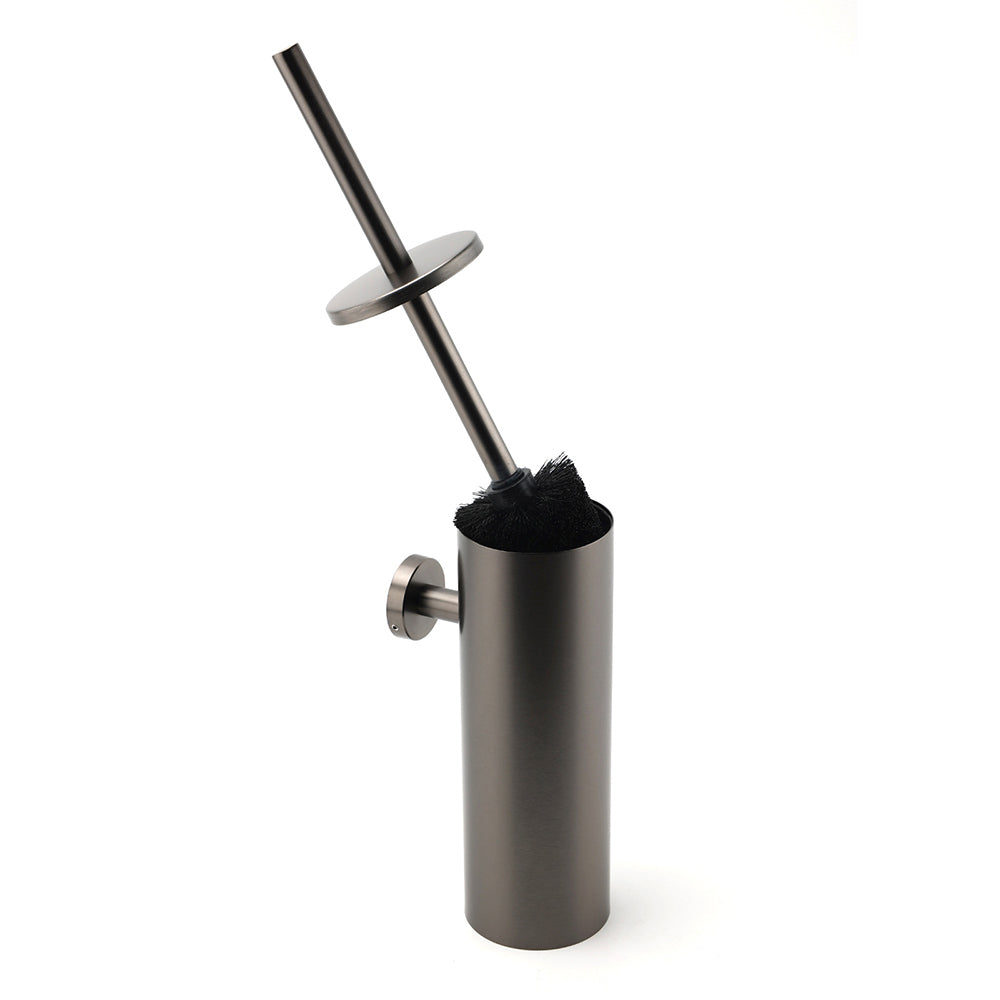 Shower Accessories: Bathroom Accessory Gun Metal Round Toilet Brush & Stainless Steel Holder Cup Kit