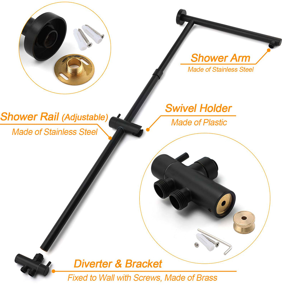 Shower Heads & Screens: WELS Matt Black Twin Shower 8" Round Head Set 3 Mode Handheld Rose Sliding Rail Elbow Inlet