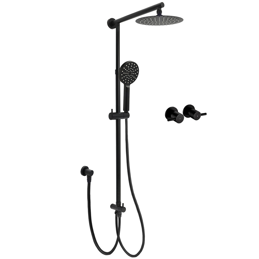 Shower Heads & Screens: WELS Matt Black 2in1 Shower 8" Round Head Set Sliding Rail 3 Mode Handheld + Twin Taps