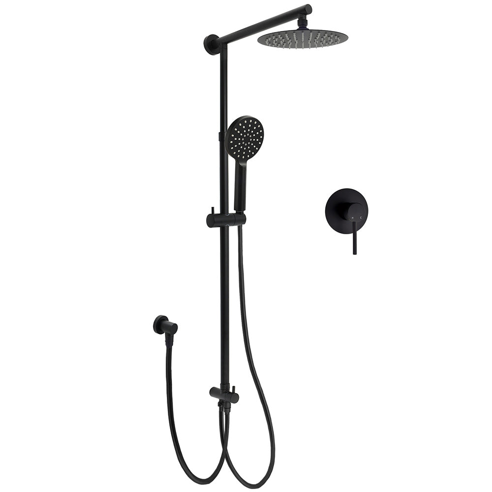 Shower Heads & Screens: WELS Matt Black Twin Shower 8" Round Rain Head Set Sliding Rail 3 Mode Handheld + Mixer