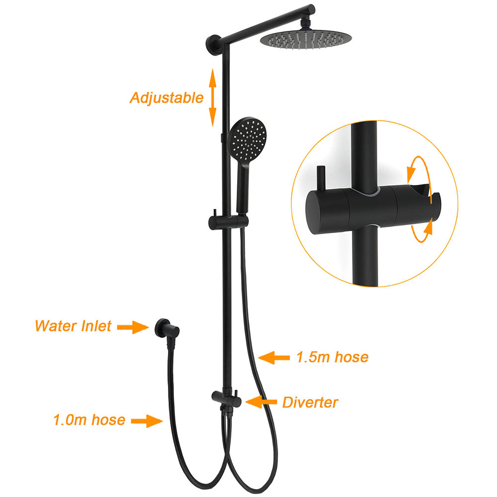 Shower Heads & Screens: WELS Matt Black Twin Shower 8" Round Rain Head Set Sliding Rail 3 Mode Handheld + Mixer