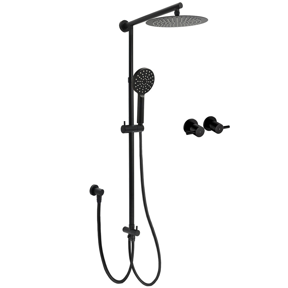 Shower Heads & Screens: Matt Black Round Dual Shower Set 10" Rain Head 3 Mode Handheld Sliding Rail Arm Twin Taps