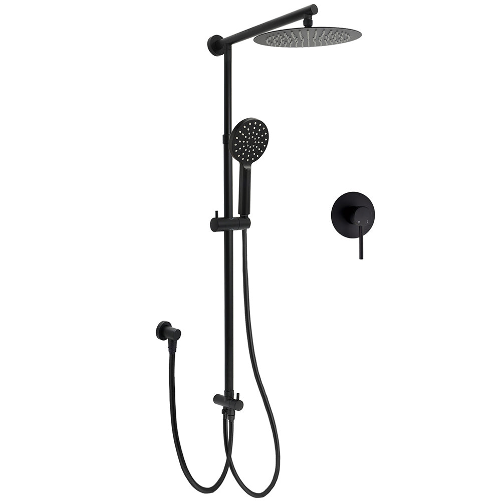 Shower Heads & Screens: Matt Black 2in1 Round Shower 10" Rain Head 3 Mode Handheld Sliding Rail Diverter Mixer Set