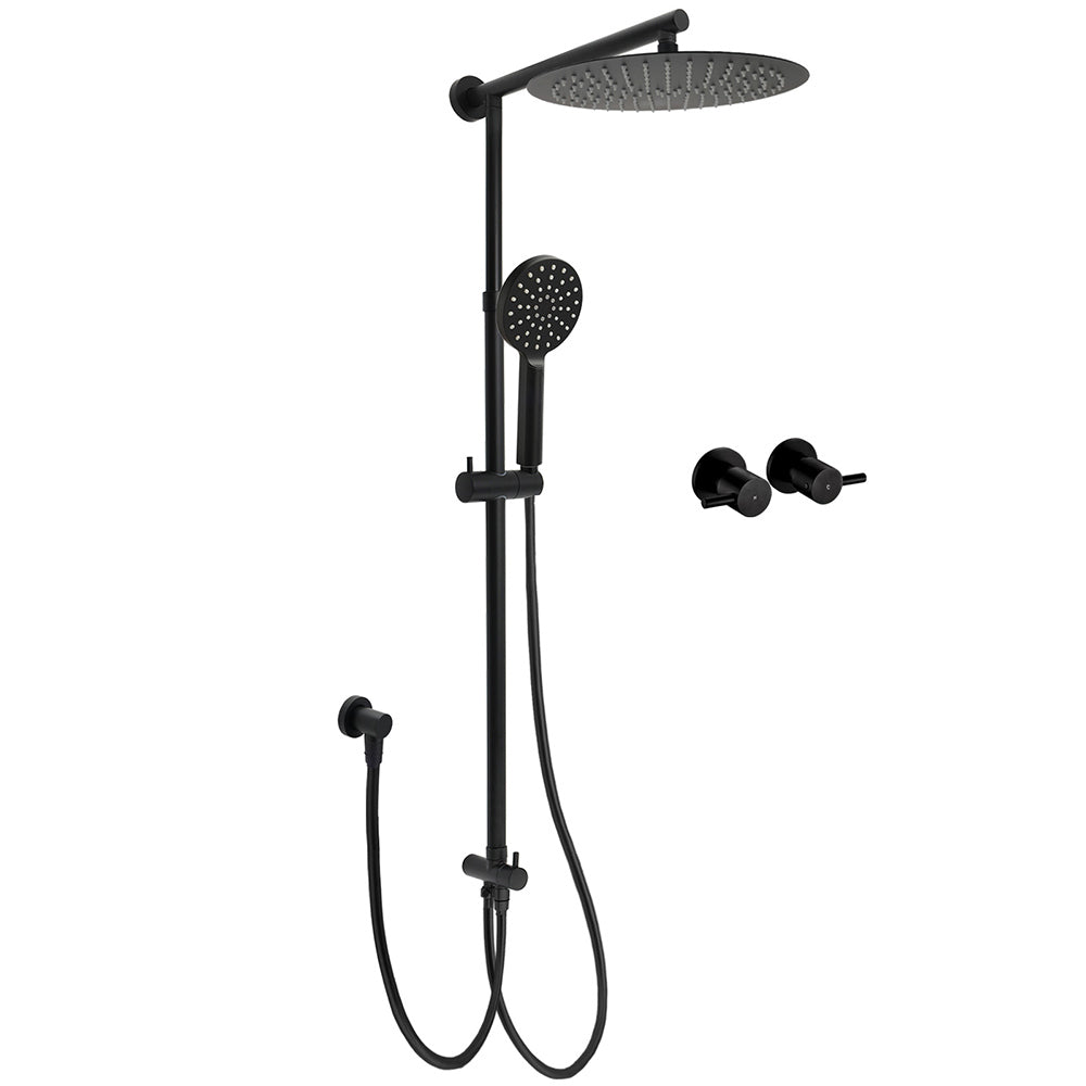 Shower Heads & Screens: WELS Matt Black Dual 12" Round Shower Head Set Handheld Rail Wall Arm Elbow Inlet Twin Taps