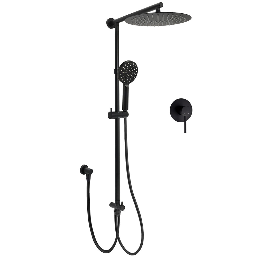 Shower Heads & Screens: WELS Matt Black Twin Round 12" Shower Head Set Handheld Flexible Rail Wall Arm Mixer