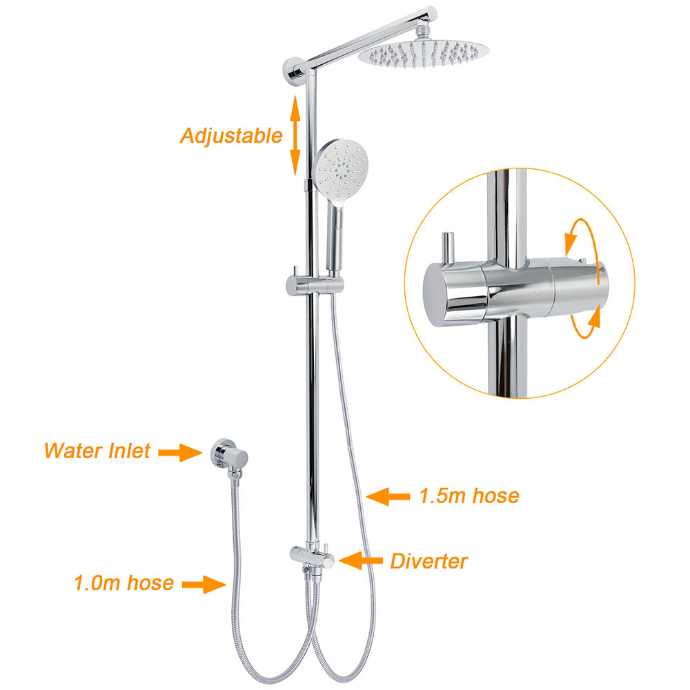Shower Heads & Screens: WELS Chrome Round 8" Thin Rainfall Head Handheld Sliding Rail Arm 2in1 Shower Twin Taps Set