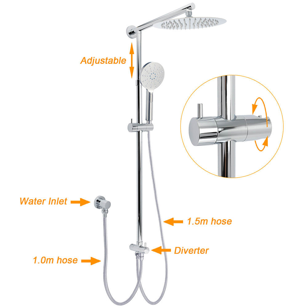 Shower Heads & Screens: WELS Chrome 10" Round Rain Handheld Twin Shower Head Arm Sliding Rail Arm Diverter Set
