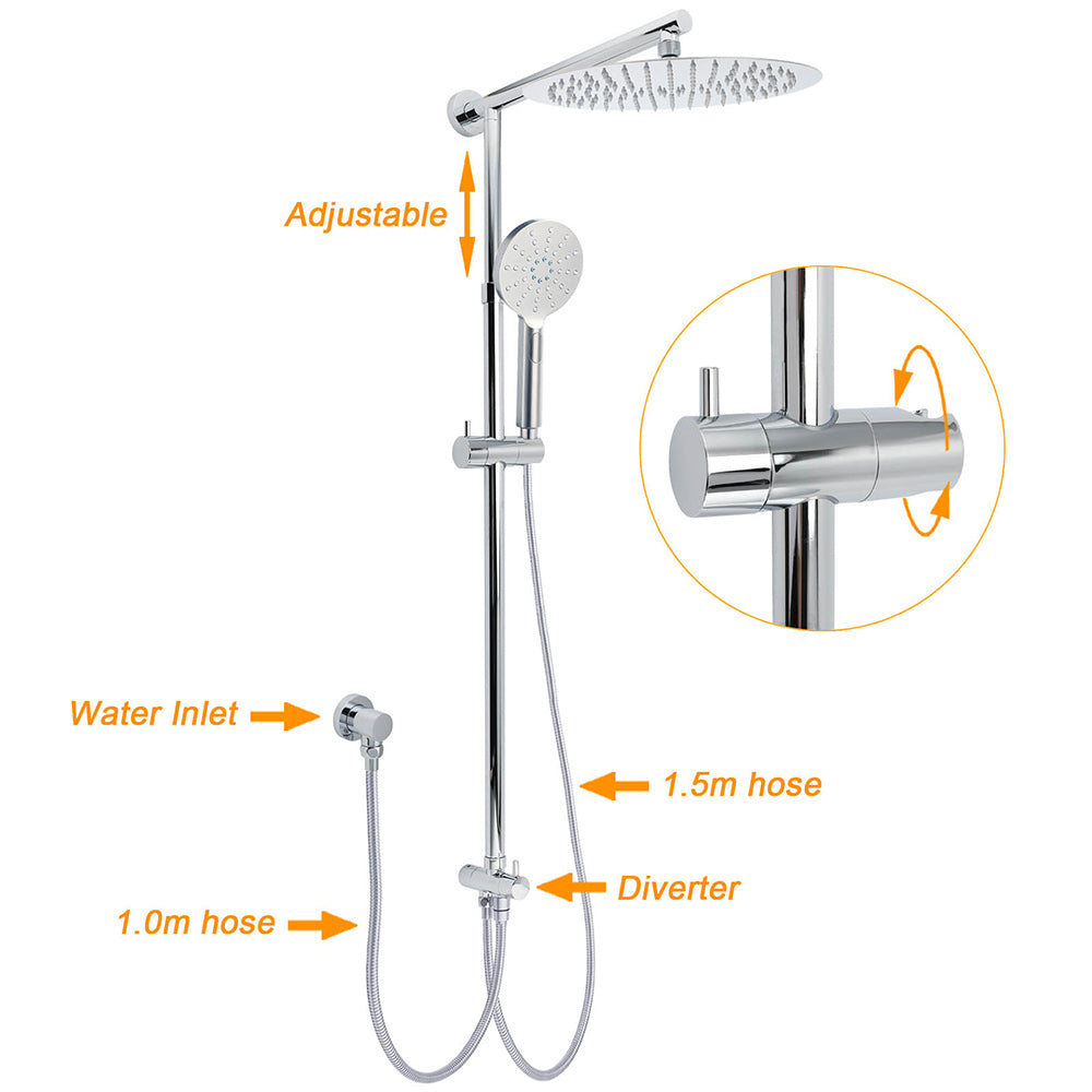 Shower Heads & Screens: WELS Round 12" Rain Dual Shower Head 3 Modes Handheld Wall Rail Chrome Mixer Valve Set