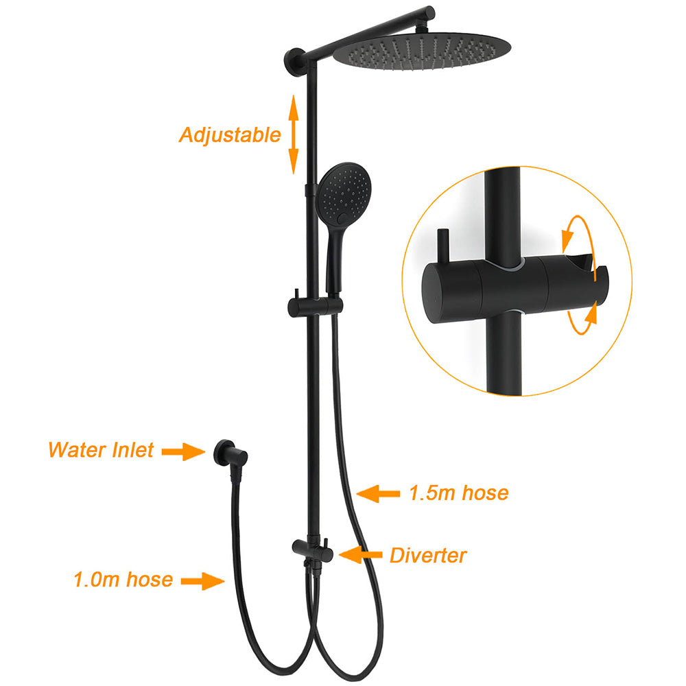 Shower Heads & Screens: Matte Black Large 12" Twin Round Shower Head Set Handheld Diverter Rail Wall Arm
