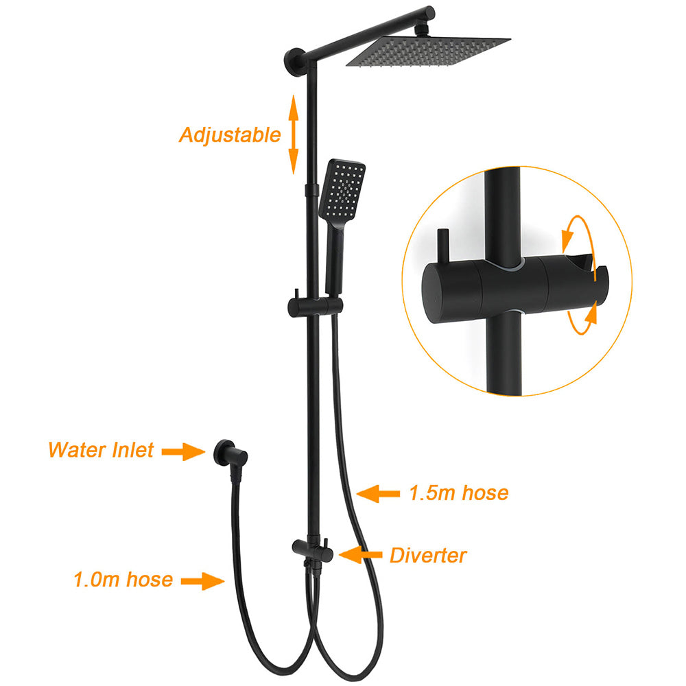 Shower Heads & Screens: Matt Black 2in1 Set 8" Square Thin Shower Head Handheld Adjustable Silding Rail Arm