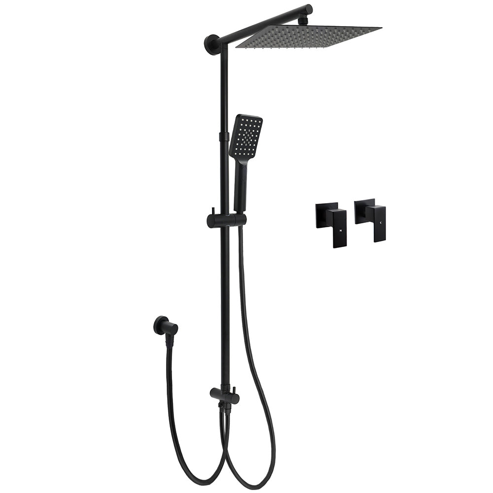 Shower Heads & Screens: Matt Black 2in1 Set Square 10" Shower Rain Head Handheld Adjustable Silding Rail + Twin Taps