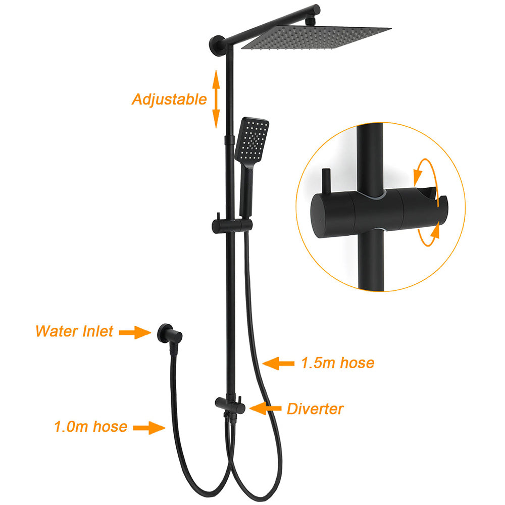 Shower Heads & Screens: Matt Black 2in1 Set Square 10" Shower Rain Head Handheld Adjustable Silding Rail + Twin Taps