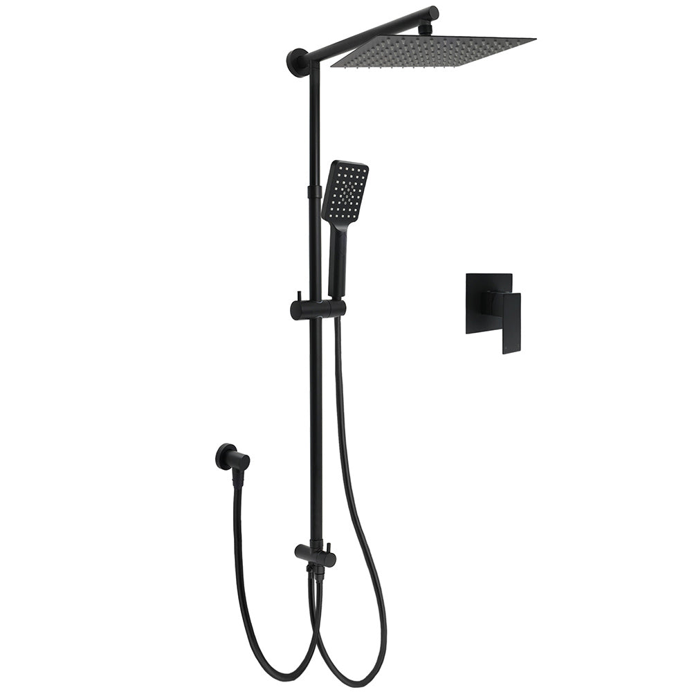 Shower Heads & Screens: Matt Black 2in1 Set Square 10" Shower Rain Head Handheld Adjustable Silding Rail + Mixer