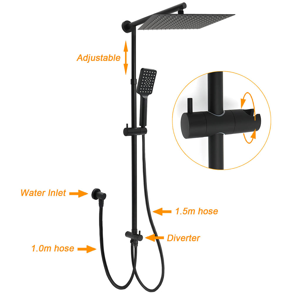Shower Heads & Screens: Matt Black Dual Shower Large 12" Square Head Handheld Adjustable Silde Rail Set Twin Taps