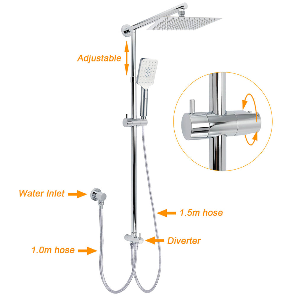 Square 8" Rain Shower Head 3 Mode Handheld Sliding Rail Arm Twin Set Diverter Mixer