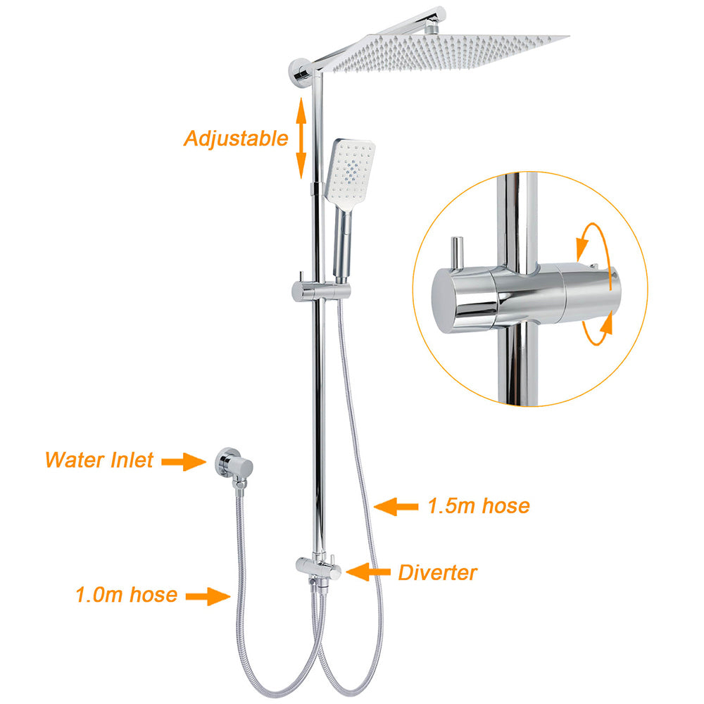 Shower Heads & Screens: WELS Dual Square Shower Head 12" Rain Rose + 3 Modes Handheld Diverter Rail Arm Set