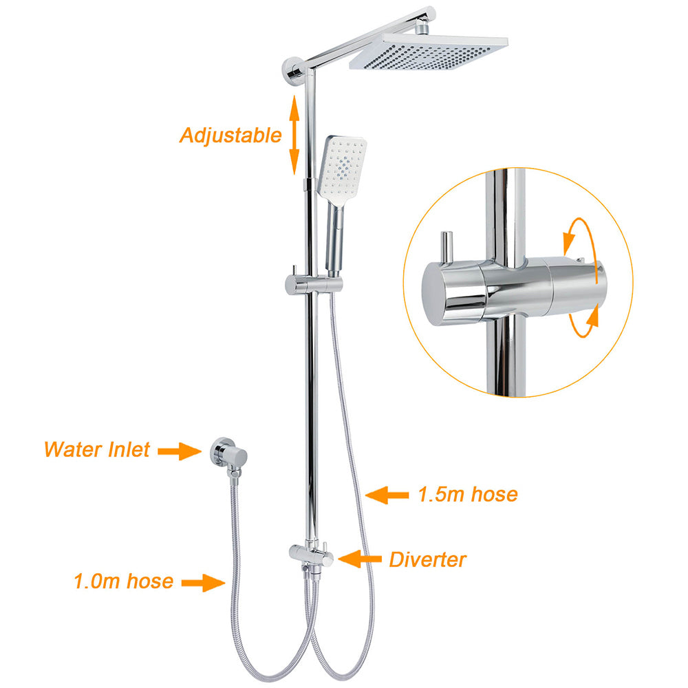Shower Heads & Screens: WELS Square Plastic Shower 8" Rainfall Head 3 Mode Handheld Sliding Rail Wall Arm + Twin Taps