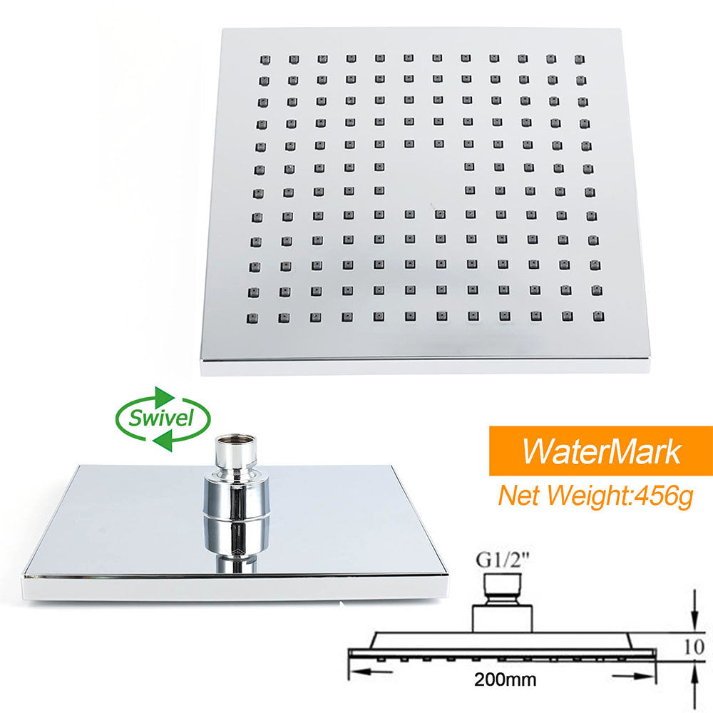 Shower Heads & Screens: WELS Square Plastic Shower 8" Rainfall Head 3 Mode Handheld Sliding Rail Wall Arm + Twin Taps