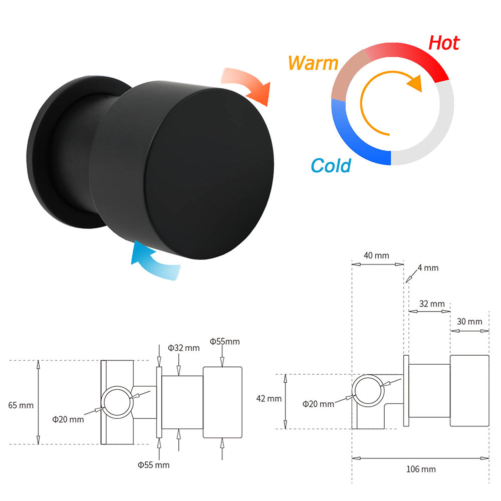 Matt Black Round Knob Concealed Shower Mixer Valve Hot Cold Water Switch Tap Kit