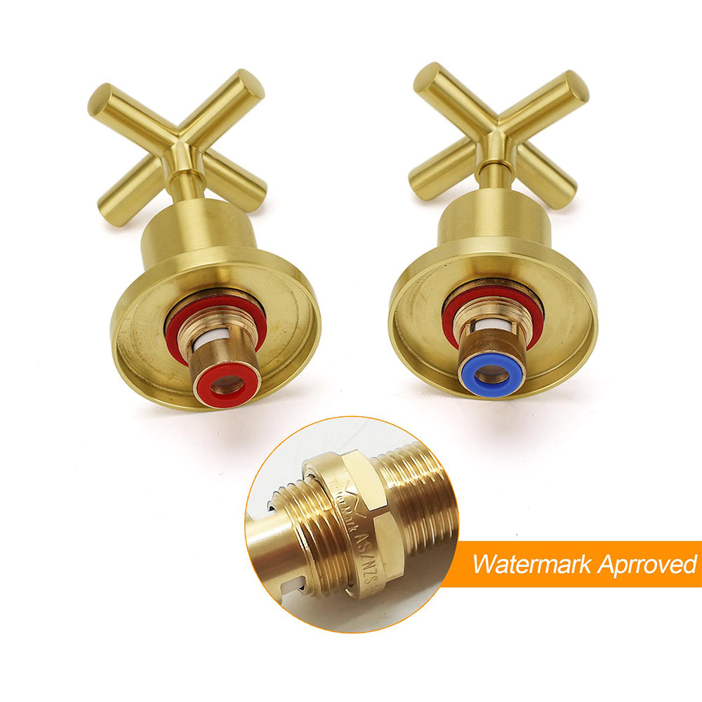 Shower Heads & Screens: Brushed Gold Shower 1/4 Turn Twin Taps Basin Bath Spout Hot Cold Water Mixer Set