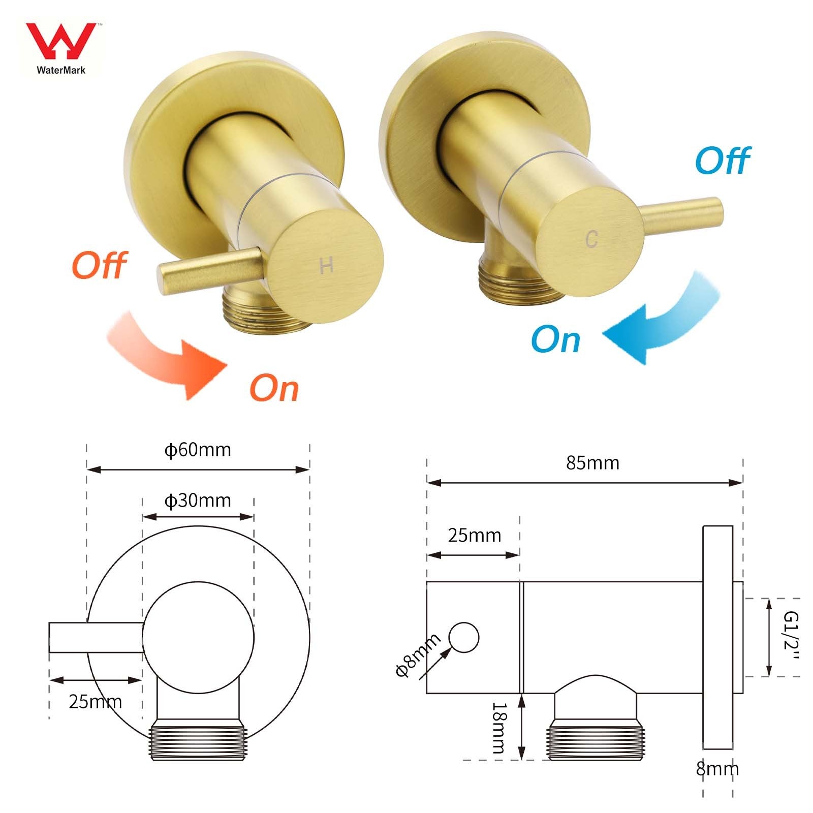 Watermark Brushed Gold Round Washing Machine 1/4 Turn Hot Cold Twin Taps Set