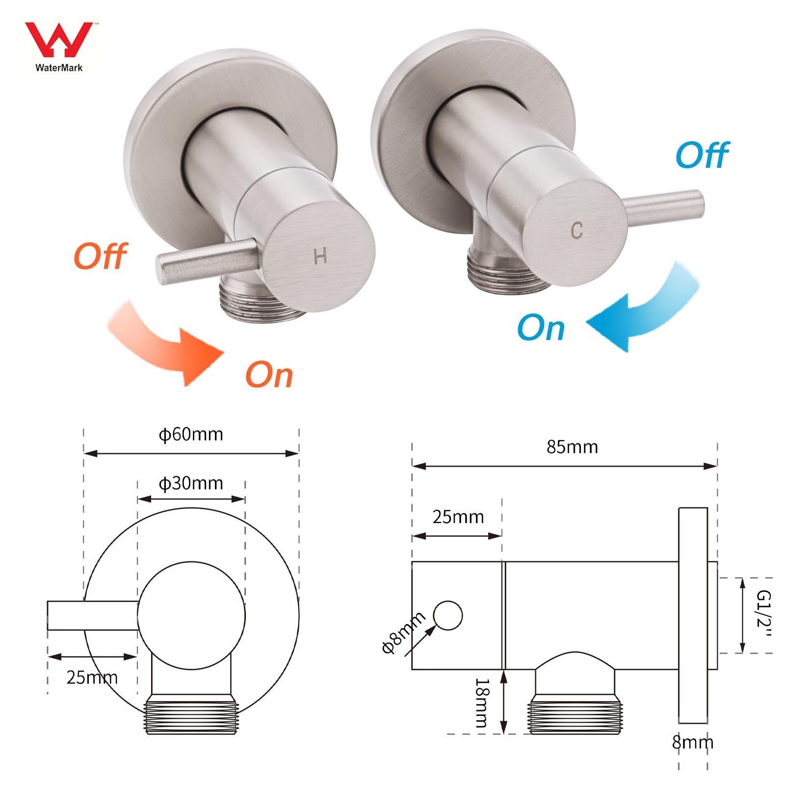 Brushed Nickel 1/4 Turn Twin Washing Machine Tap Set Wall Mounted Hot Cold Valve